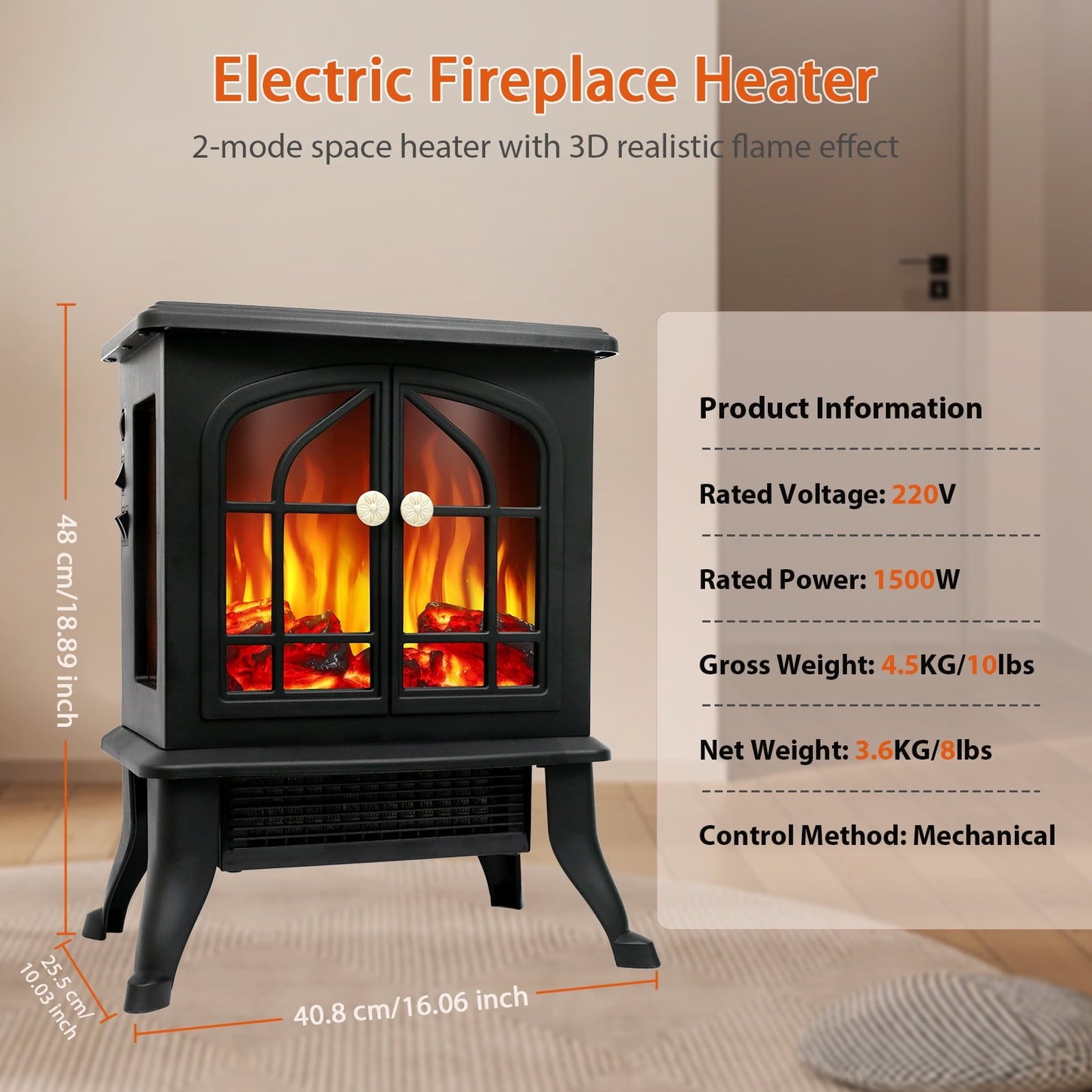 DOMLYM 1500W/750W Electric Fireplace Heater